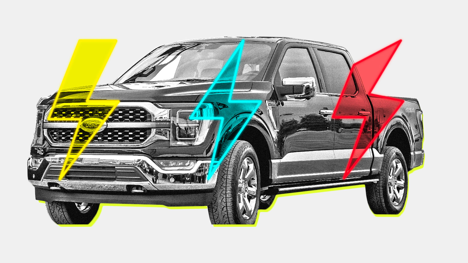 A photo collage of a Ford F-150 truck with colorful lightning bolts on top of it