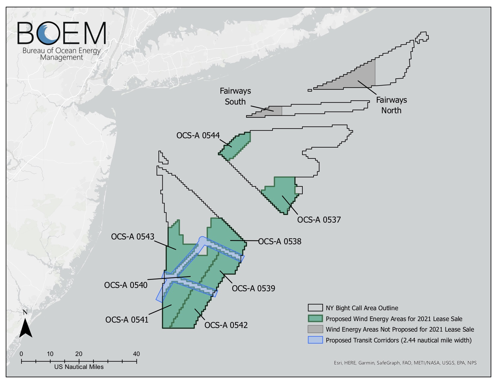 A map that shows the new offshore wind lease areas in the New York bight