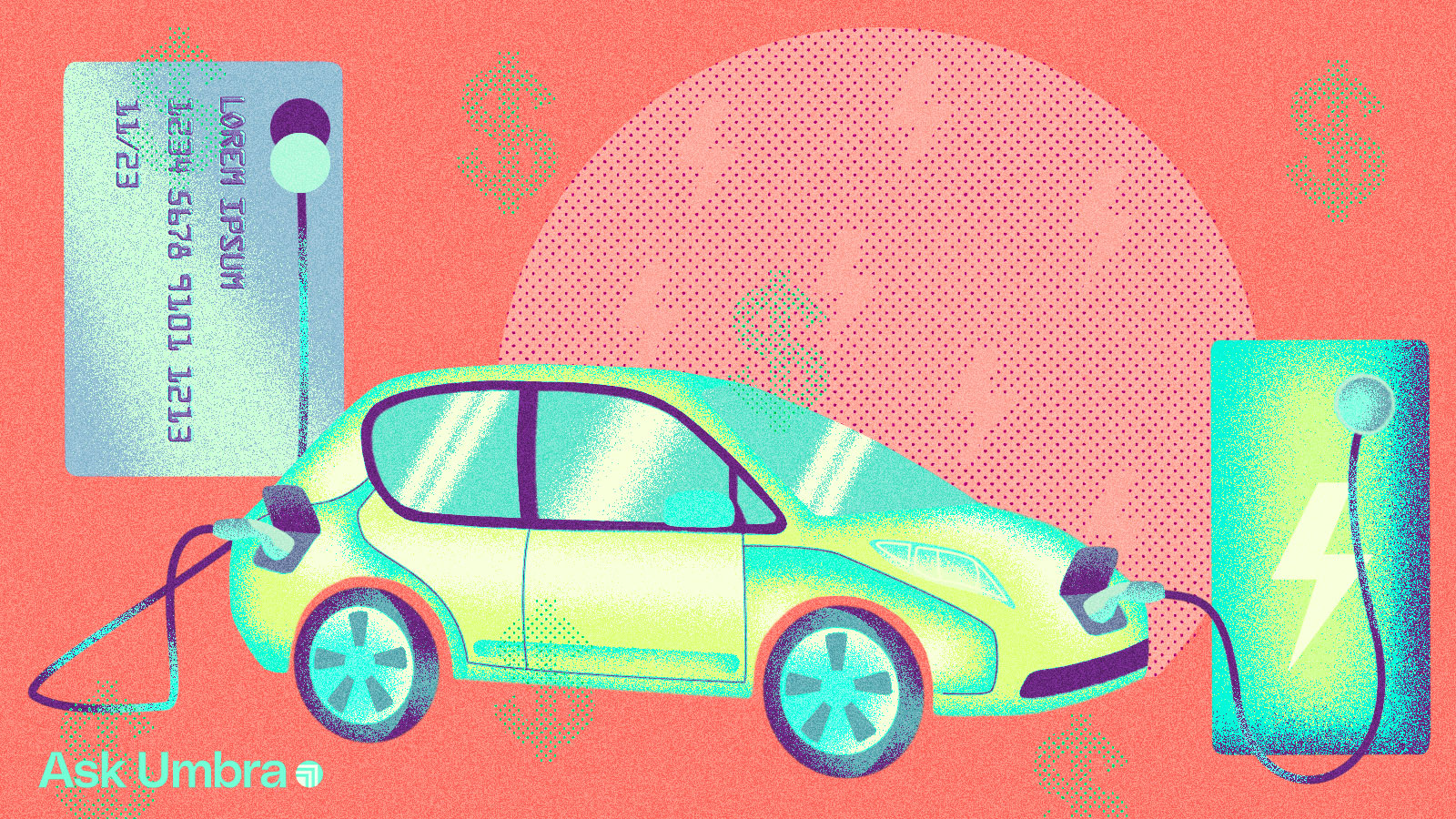 Illustration: An electric car hooked up to a credit card and a car charger.