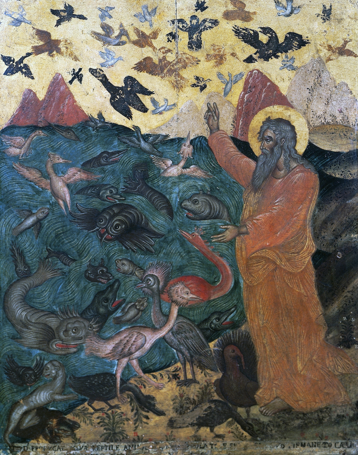 a very old painting with a bearded male figure on the right with a gold halo and reddish robe. He stands in front of a sea filled with elaborately drawn fish and a golden sky full of birds