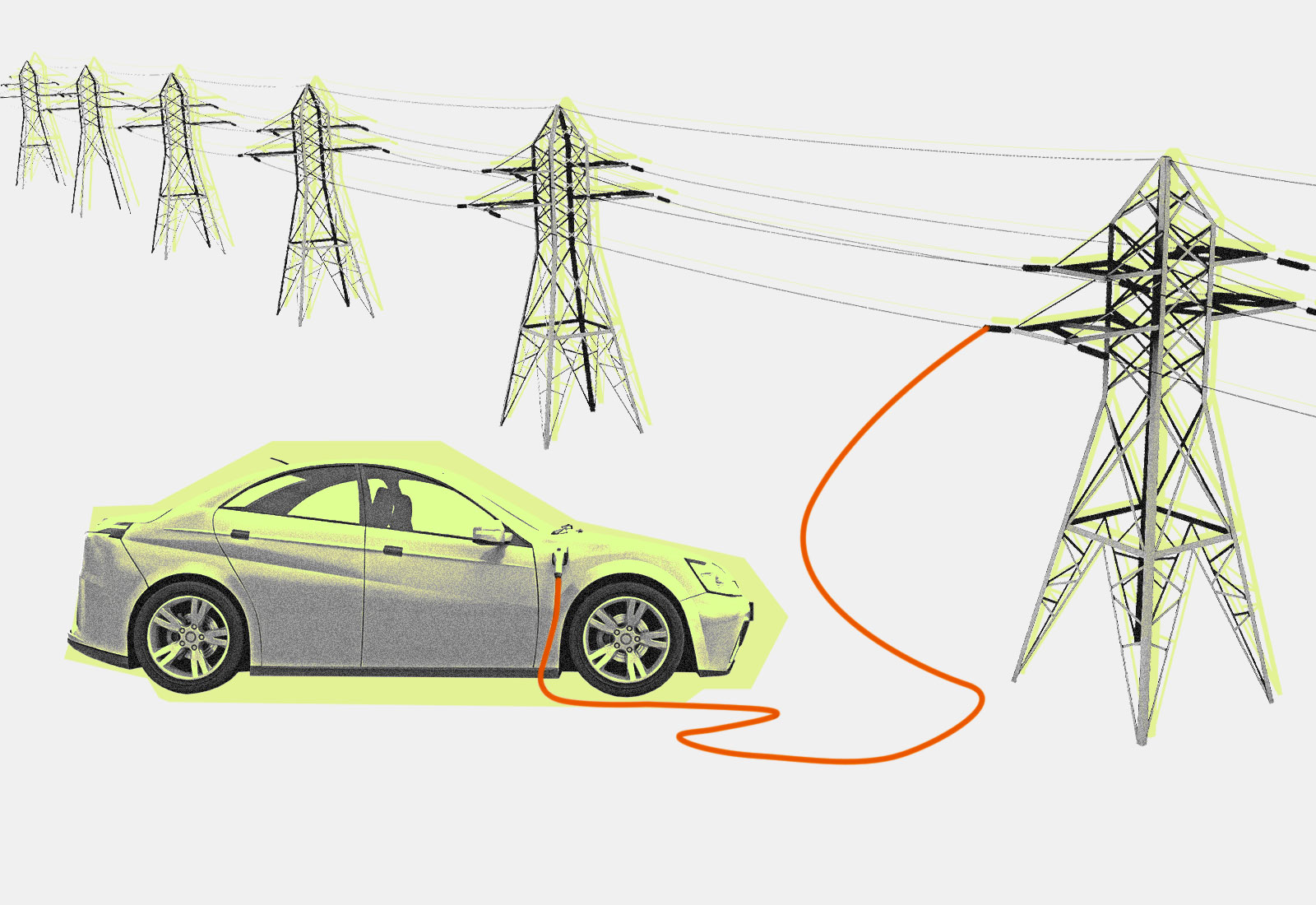 Collage: an electric car plugged into an electric tower