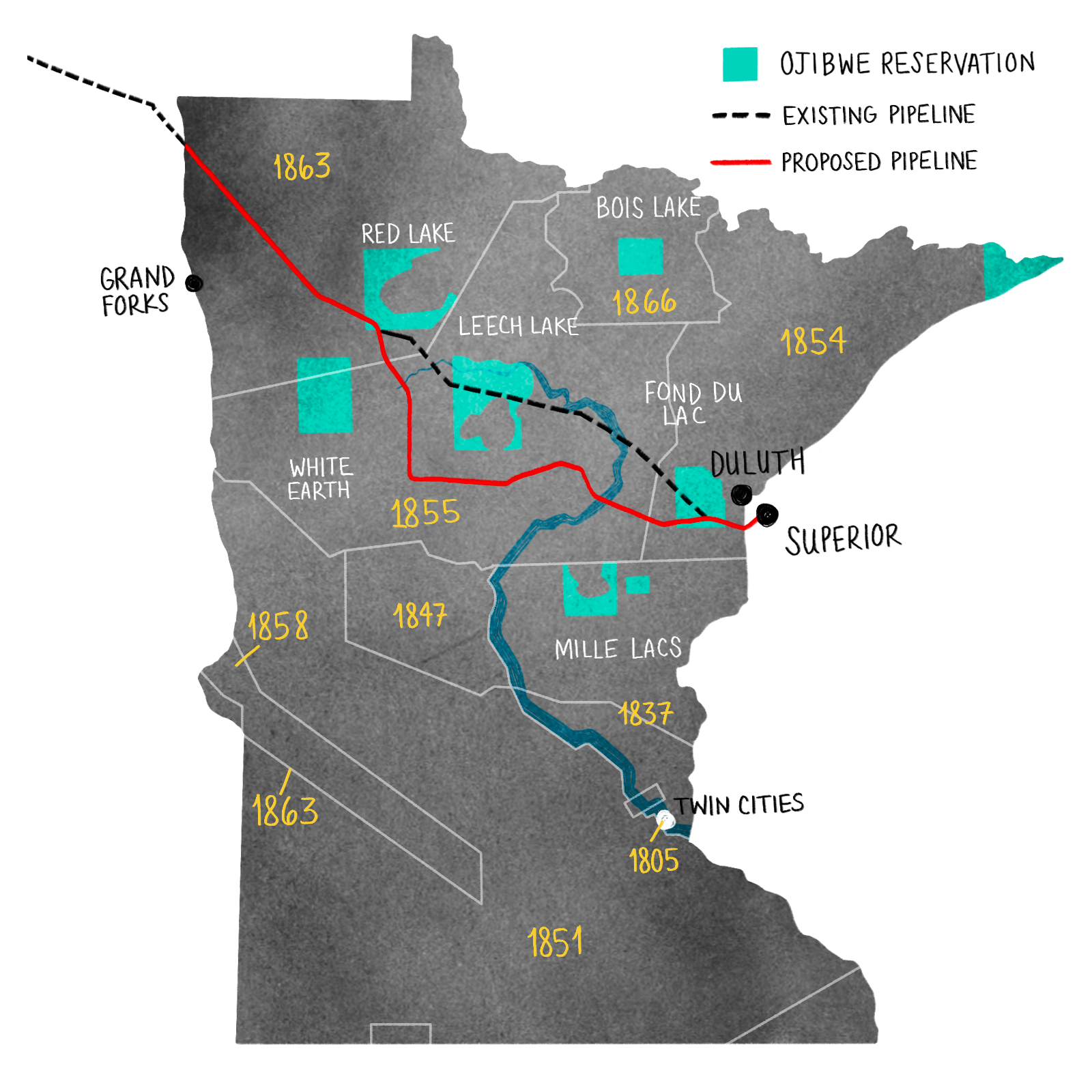 a map of Minnesota with the proposed Line 3 pipeline route marked as well as Ojibwe treaty border and reservations marked