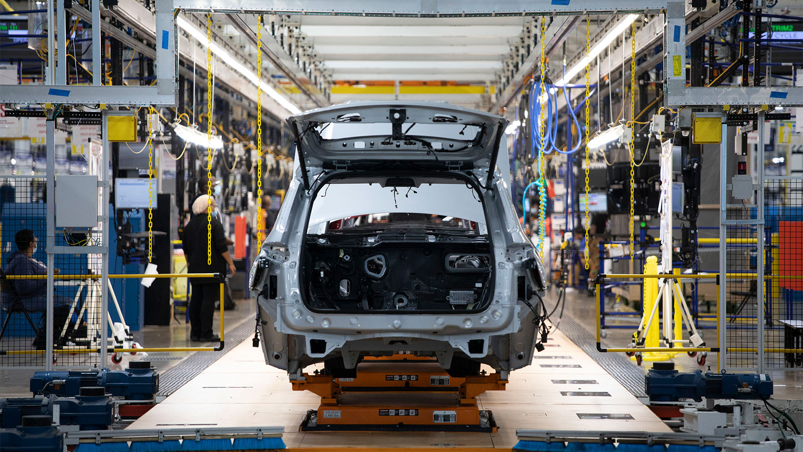 A 2021 Jeep Grand Cherokee goes through assembly at the Stellantis Detroit Assembly Complex