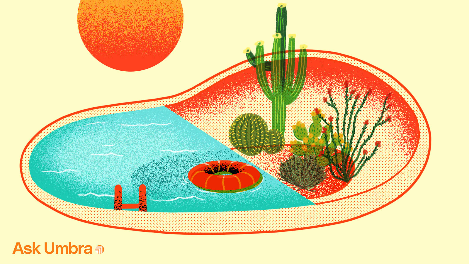Illustration: A pool with one half filled with water and the other half filled with desert plants
