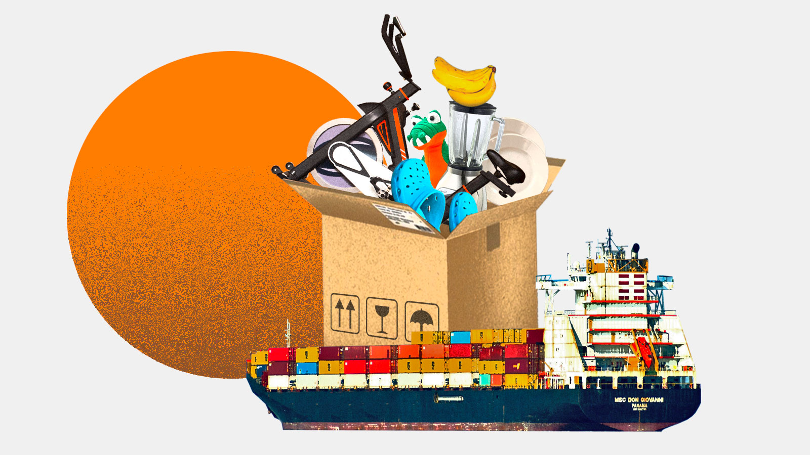 Collage: a cargo ship carrying a large package overflowing with items