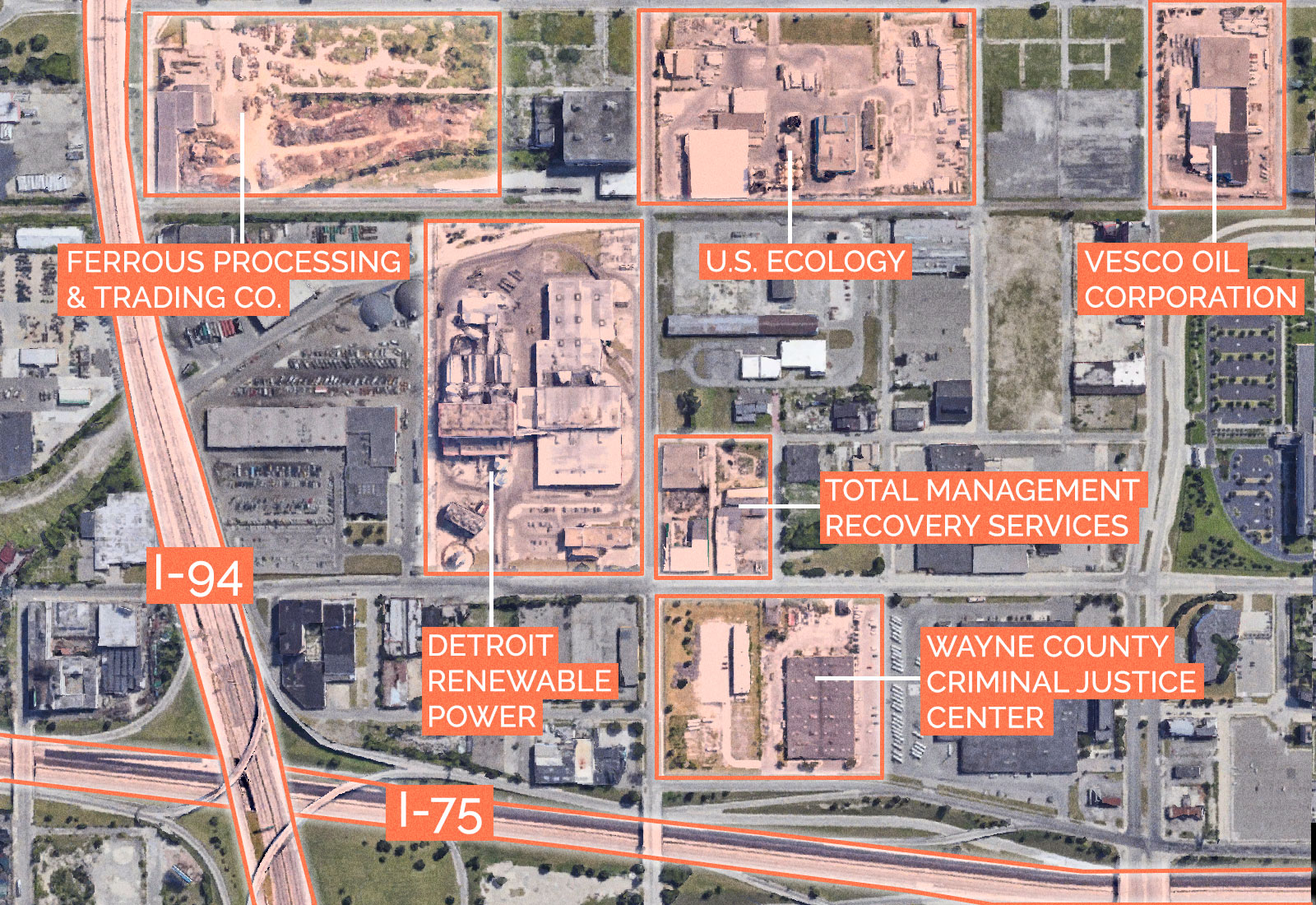 An aerial map of various sites around Wayne County Criminal Justice Center in Detroit, Michigan