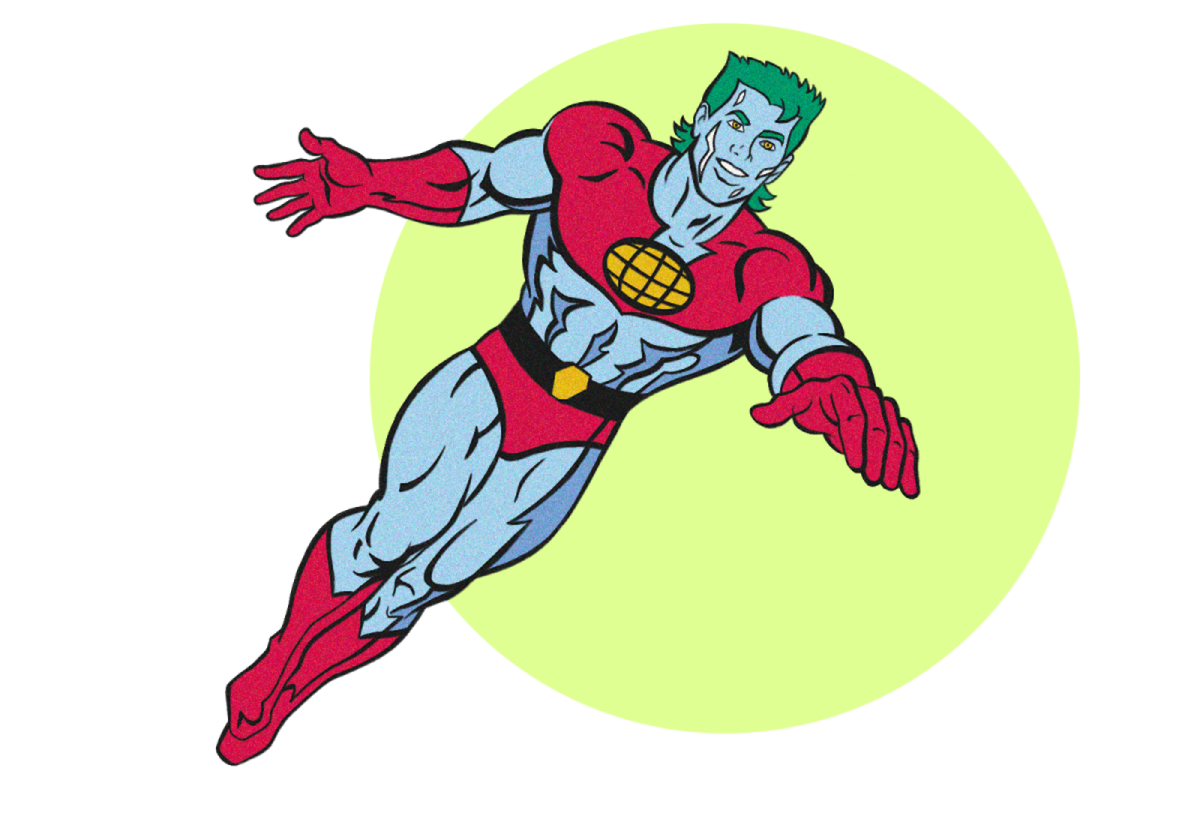 Captain Planet on top of a bright green circle