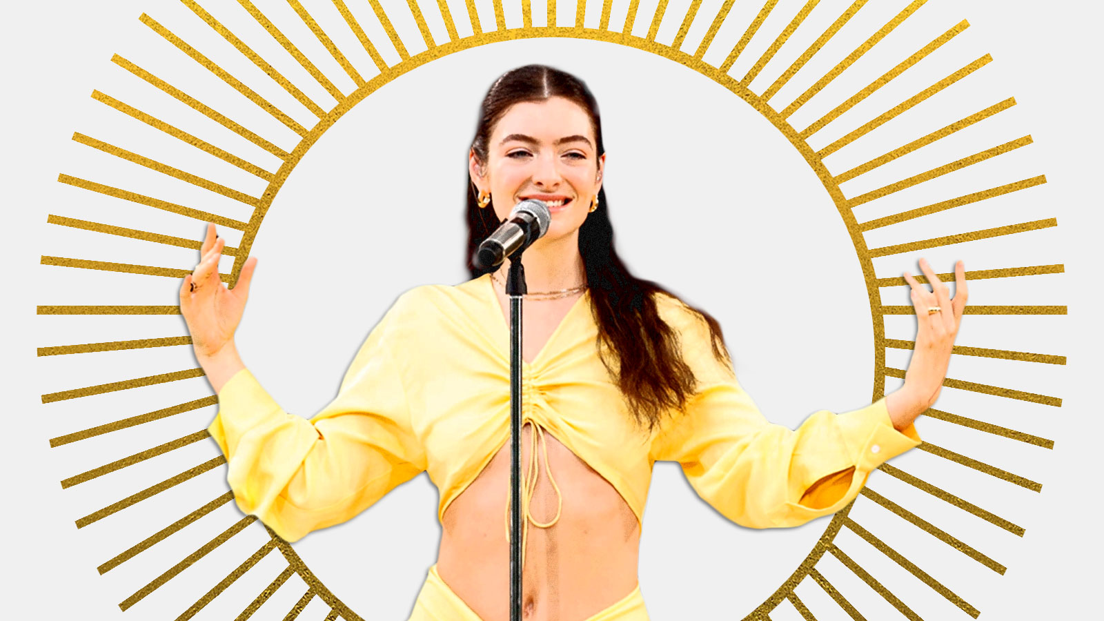 The singer Lorde in front of a sun graphic