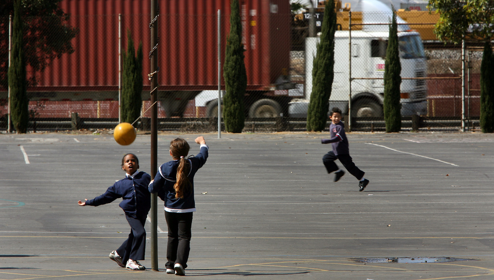 Children play tetherball during recess at a Los Angeles elementary school.