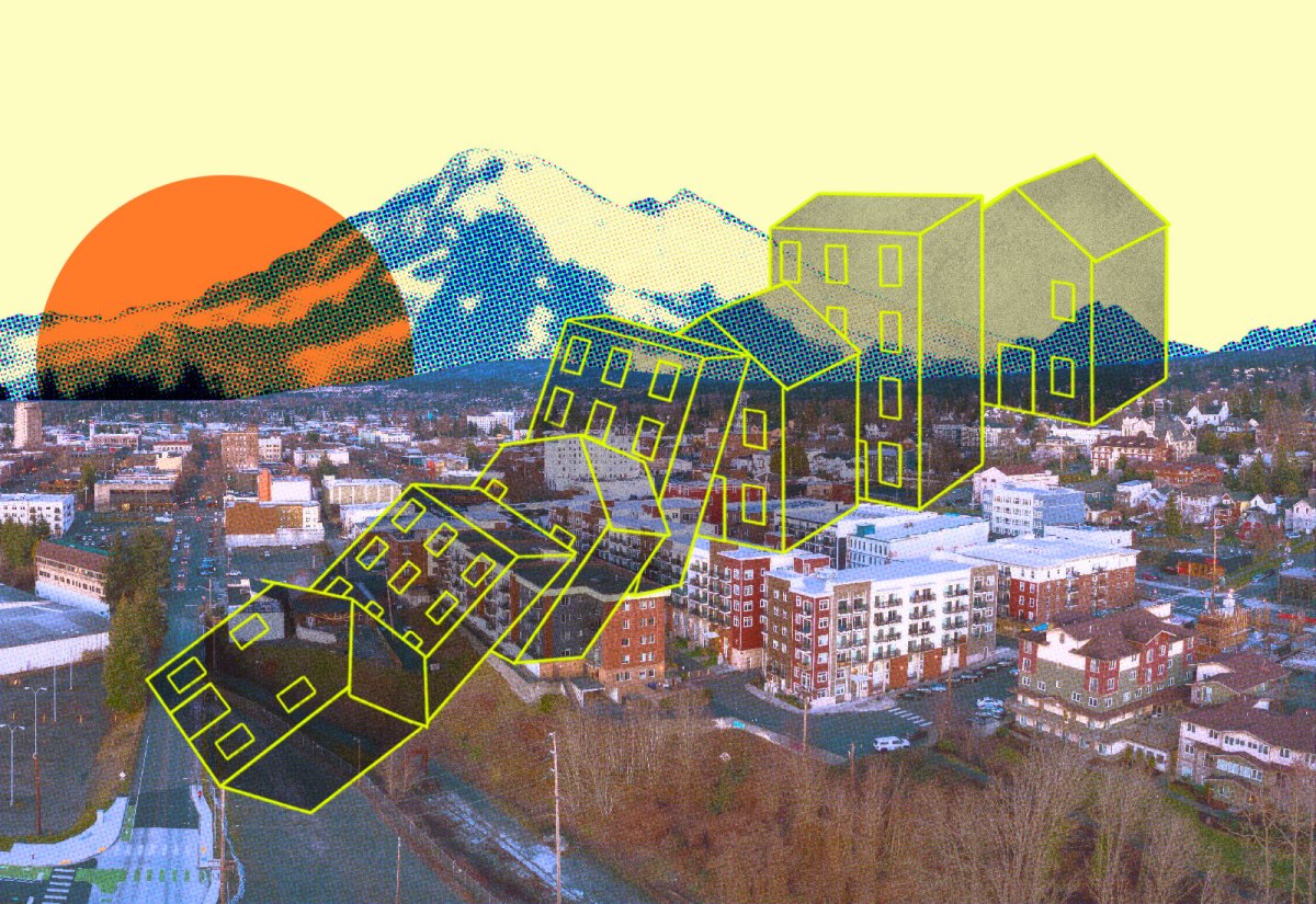 Collage: Bellingham, Washington with Mount Baker in the background and illustrated houses in a domino effect