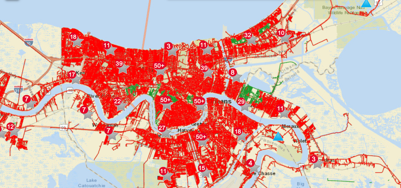 A power outage map of New Orleans that it almost entirely red