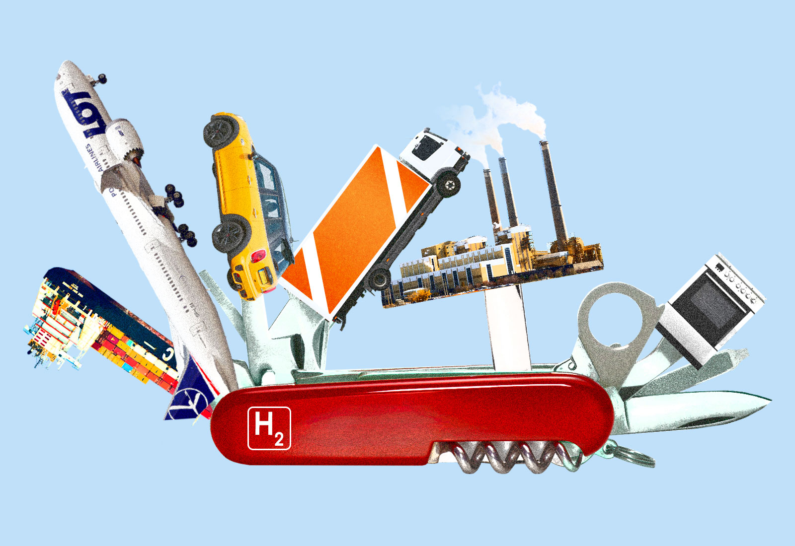 Collage: Swiss Army knife with a cargo ship, airplane, car, truck, factory, and stove as tools