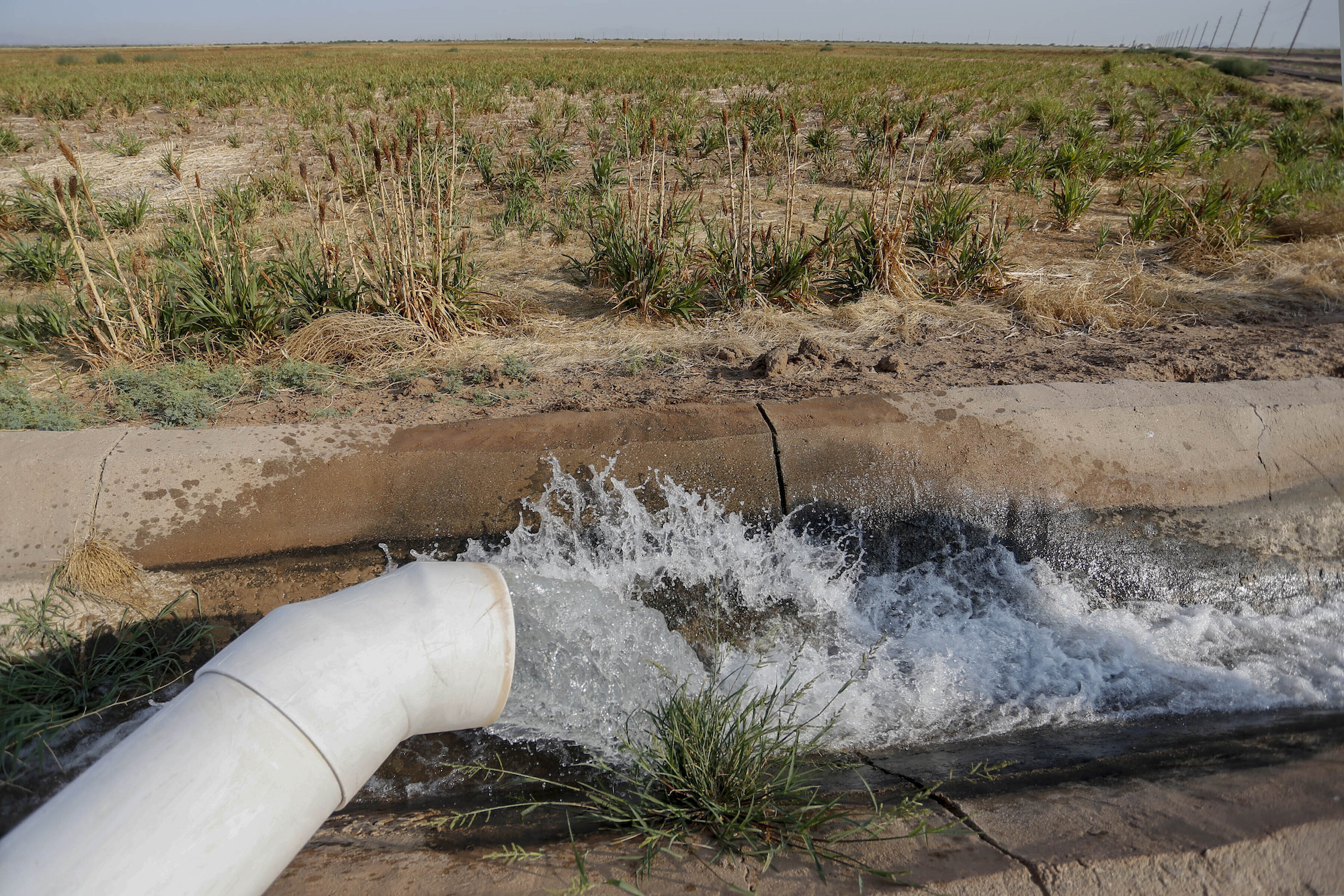 water flows from a white outdoor pipe into an irrigation canal amid dry land and brush