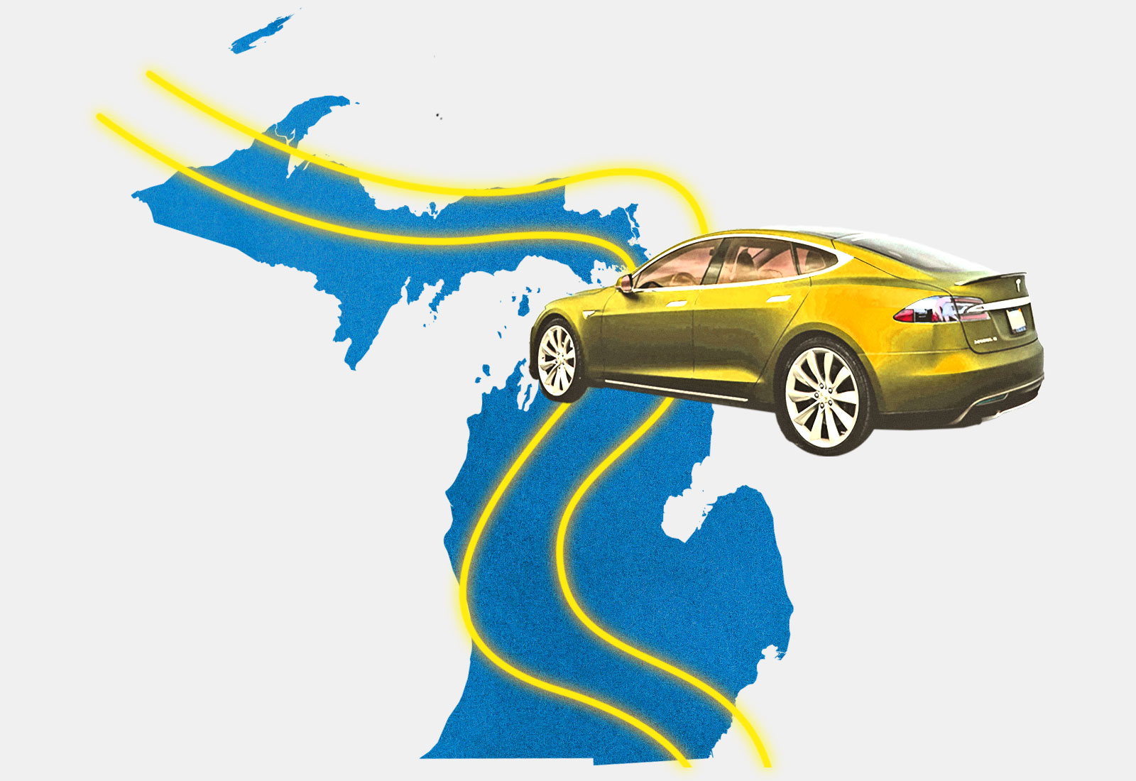 Electric car with neon lines representing roads on top of Michigan