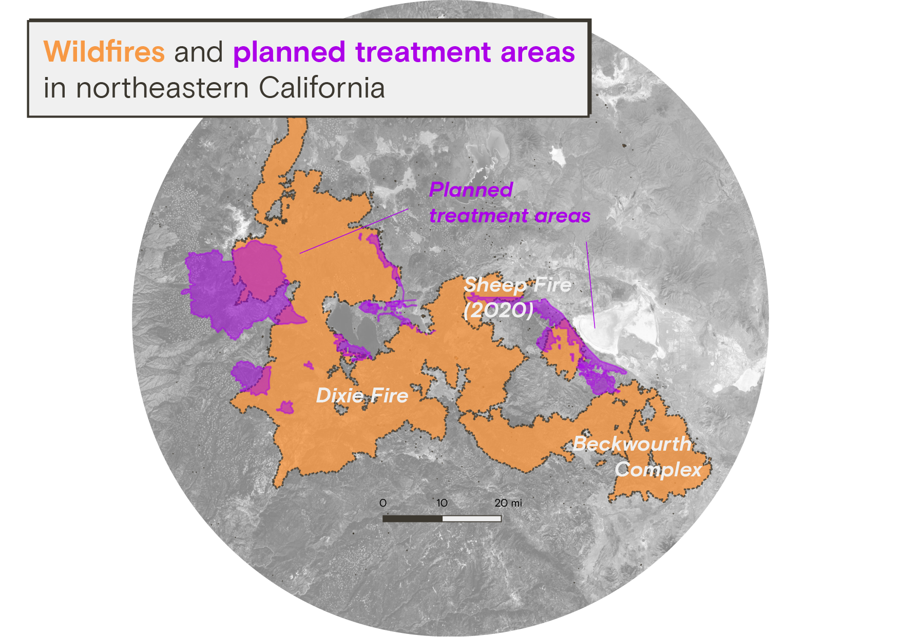 A map showing wildfires and planned treatment areas in northeastern California. The Dixie Fire, Sheep Fire, and Beckwourth Complex have infringed on many planned treatment areas before the projects could begin.