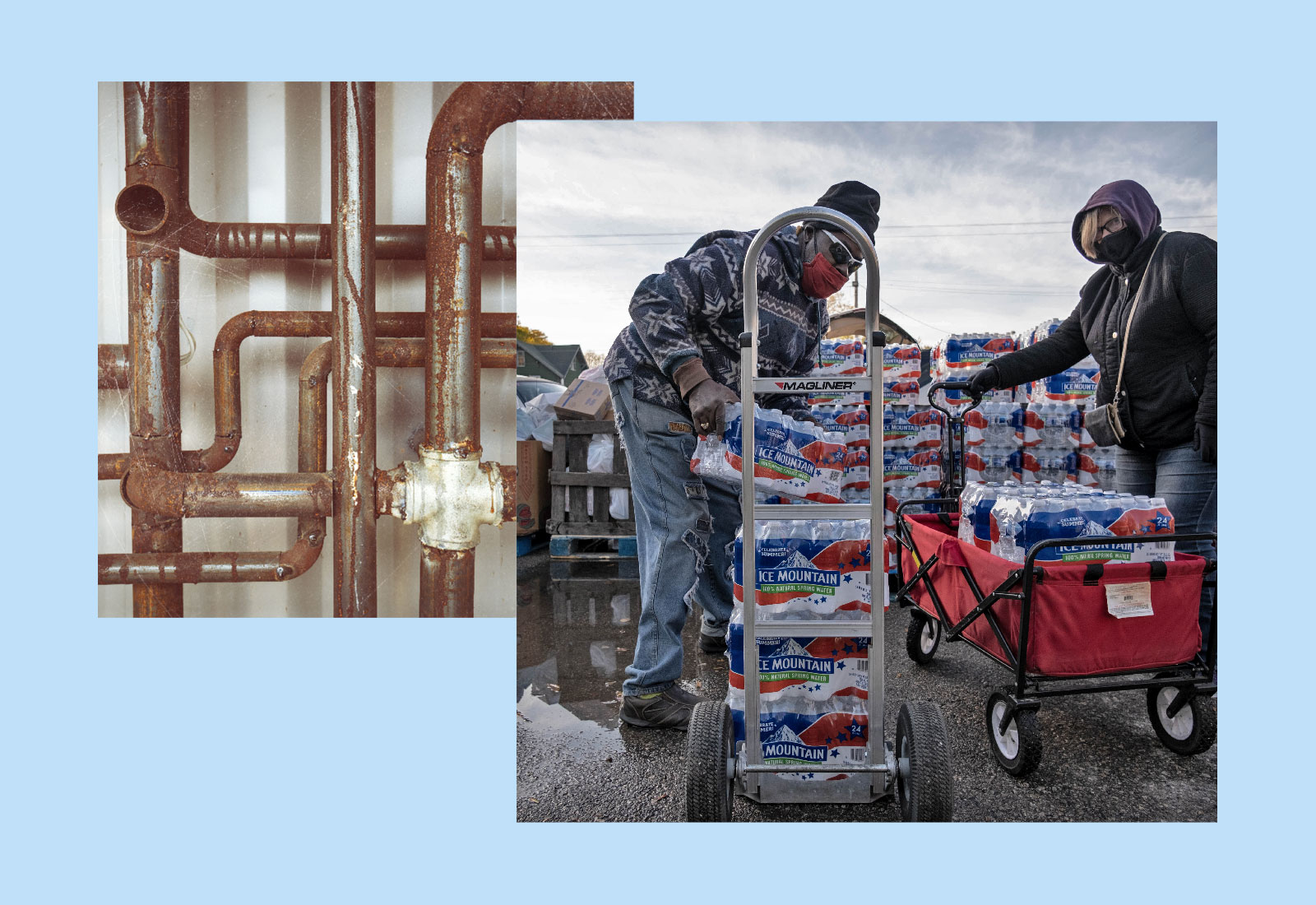 Collage: rusted water pipes and volunteers unloading packs of bottled water