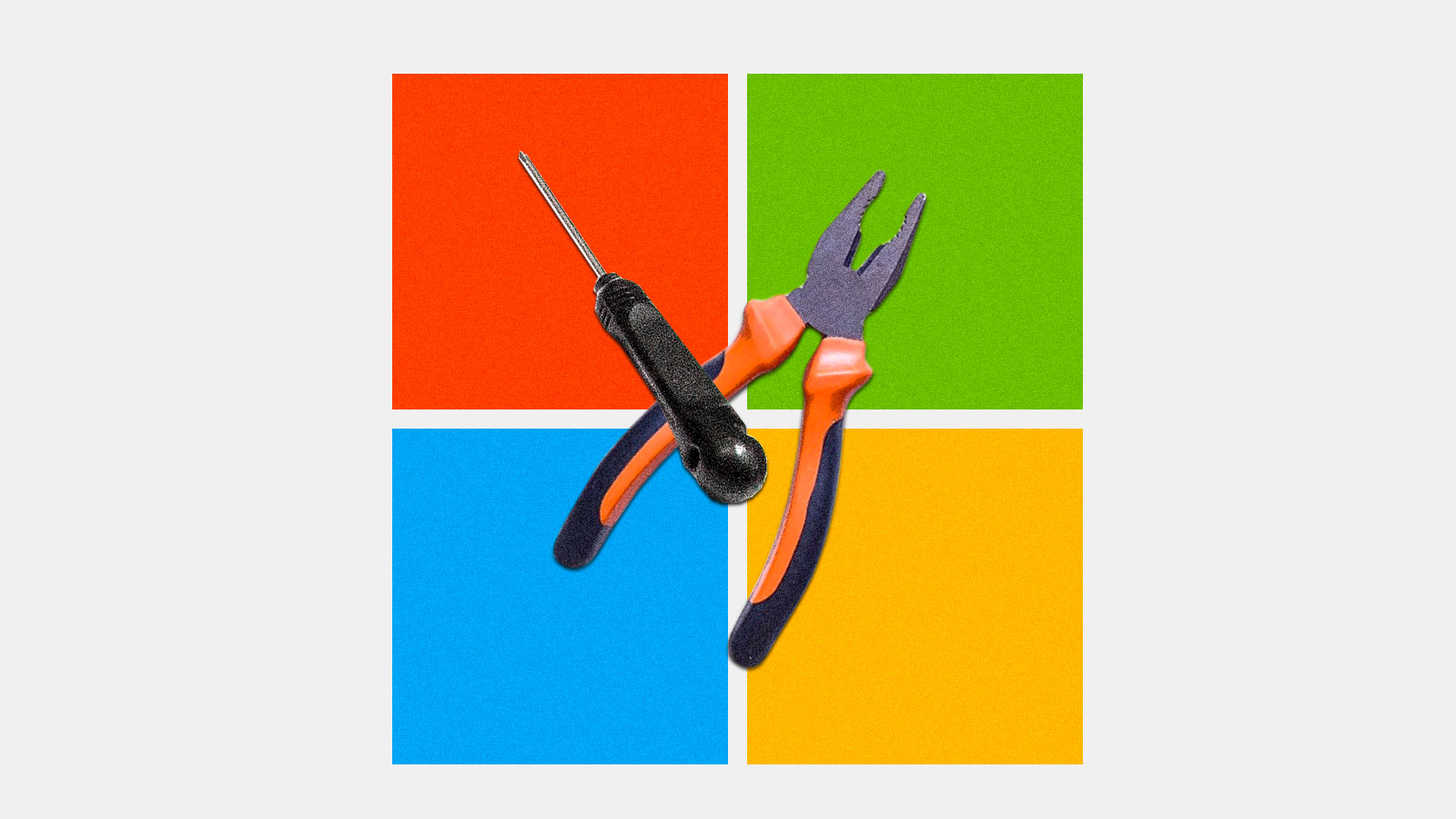 Microsoft logo with a screwdriver and pliers on top of it