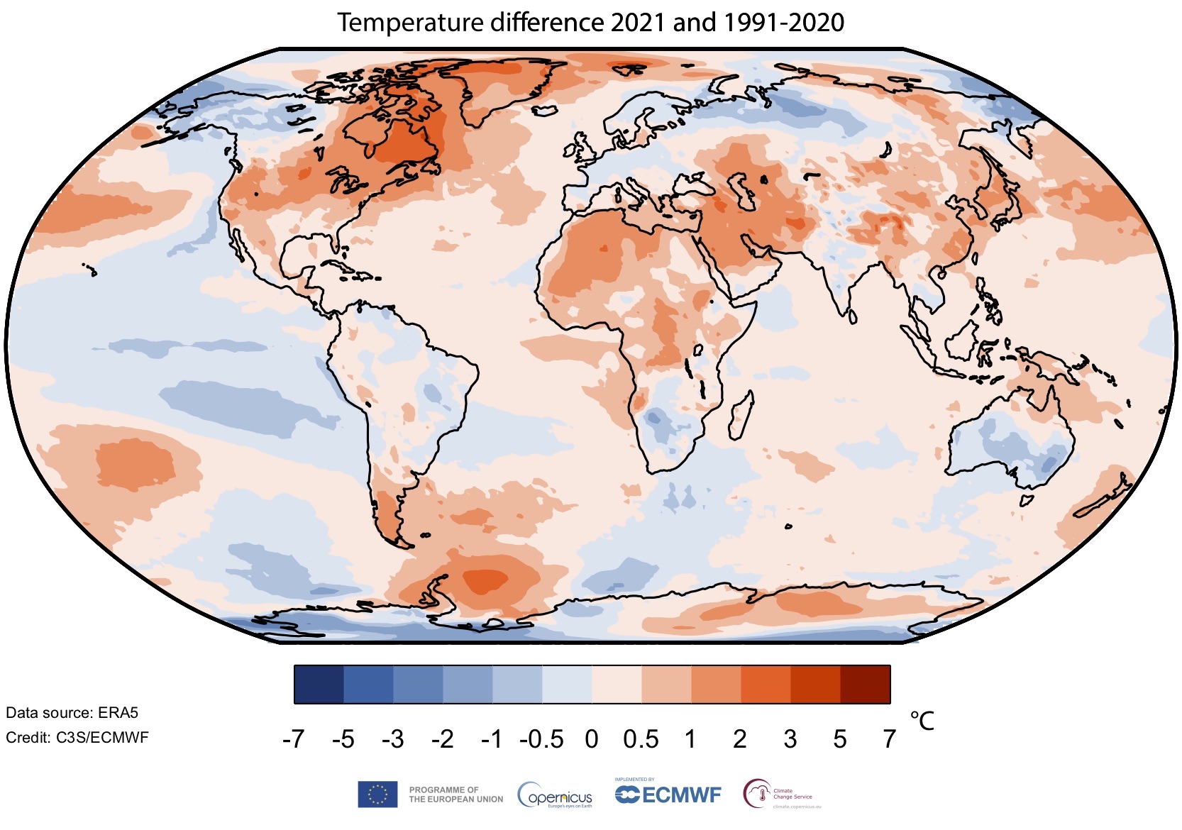 a globe with a blue-to-red temperature scale showing differences between 2021 and 1991-2020