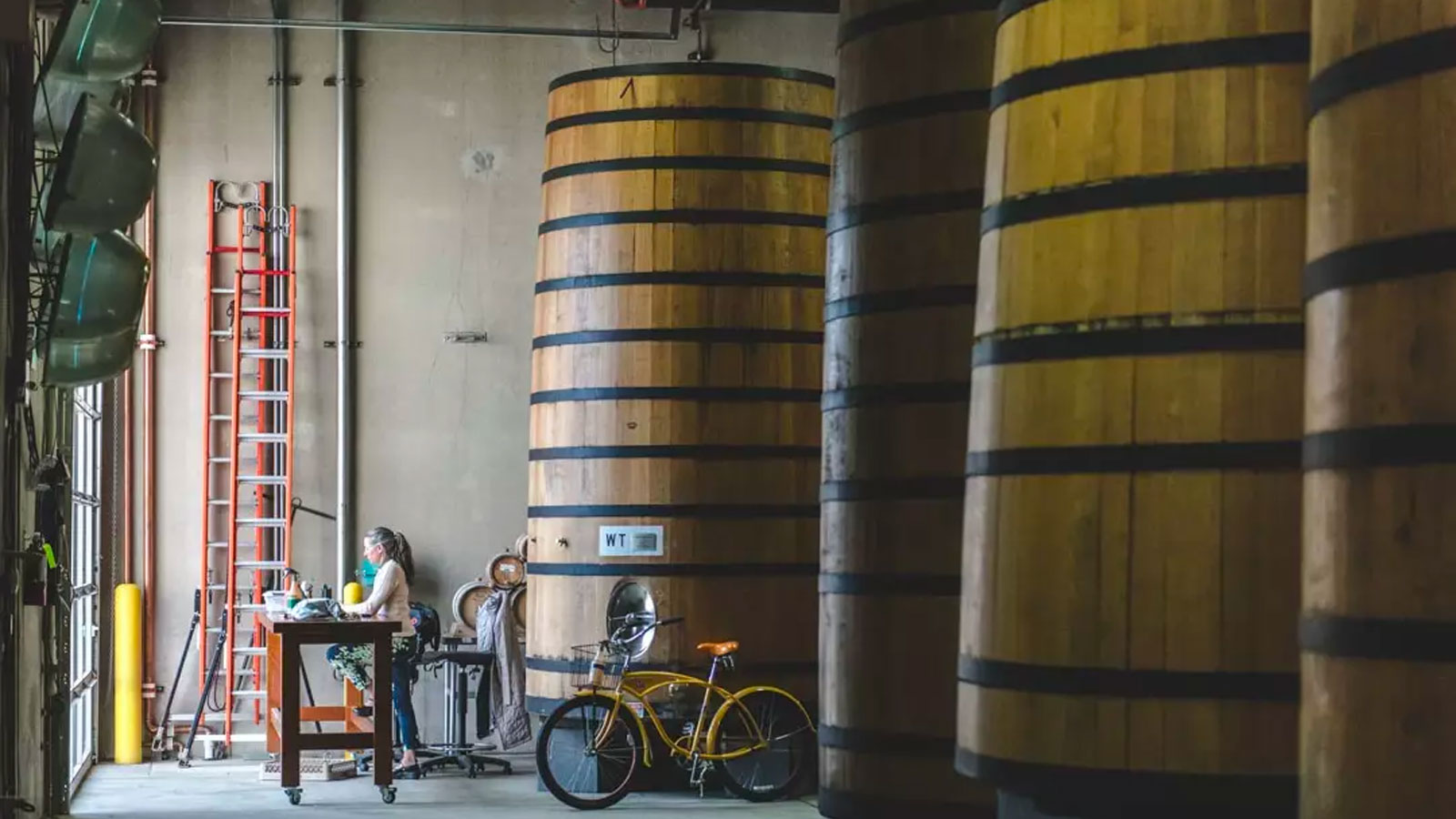Fat Tire brewery interior with a bike and large barrels