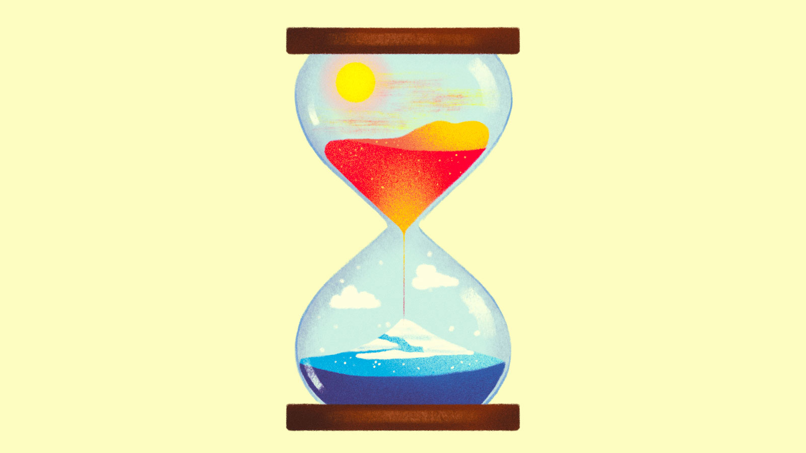 Illustration of an hourglass with sun and red sand on top; snow and blue sand on bottom