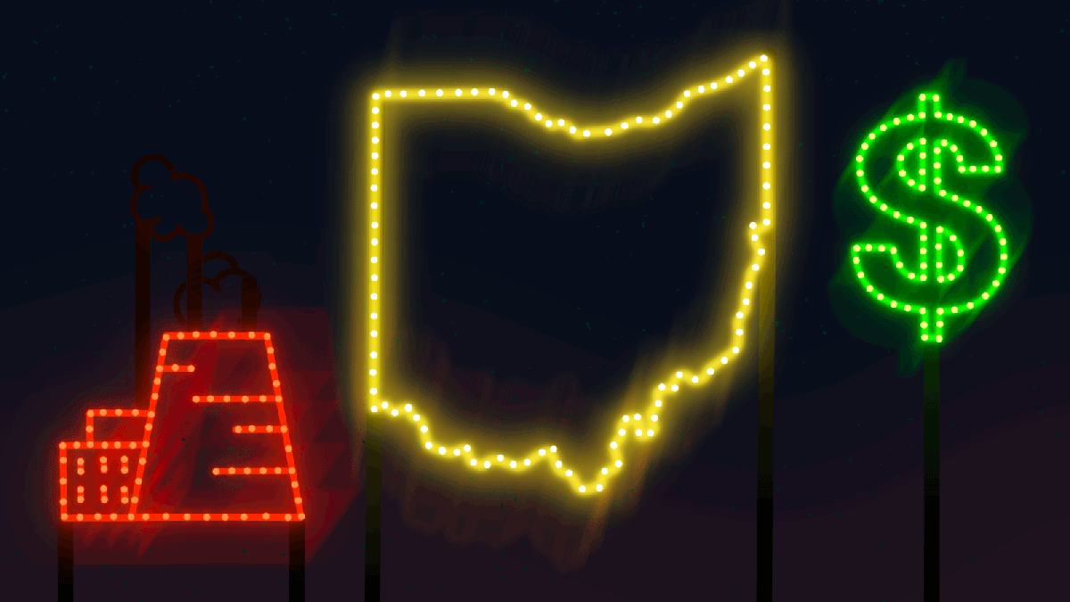 Animation: flickering neon signs of a power plant, Ohio, and a dollar sign