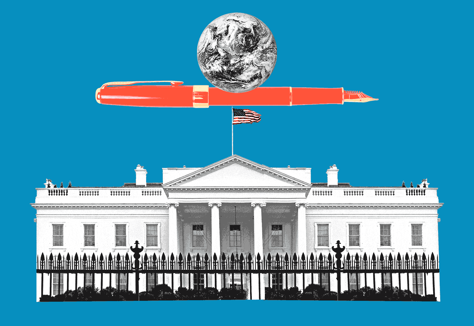 Animation: earth rolling back and forth on top of a pen balanced on the White House
