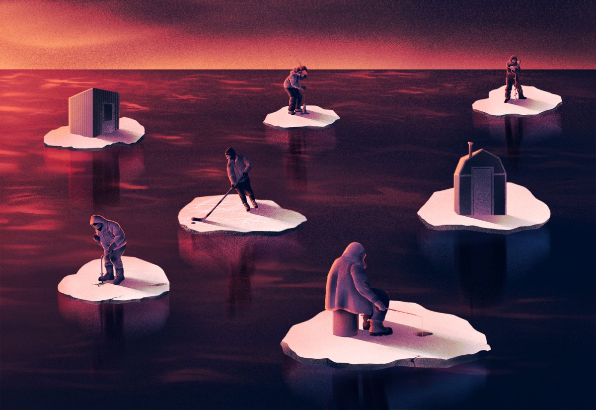 Illustration: ice fishers, ice shacks, and hockey player floating on ice chunks on lake with orange and purple sunset