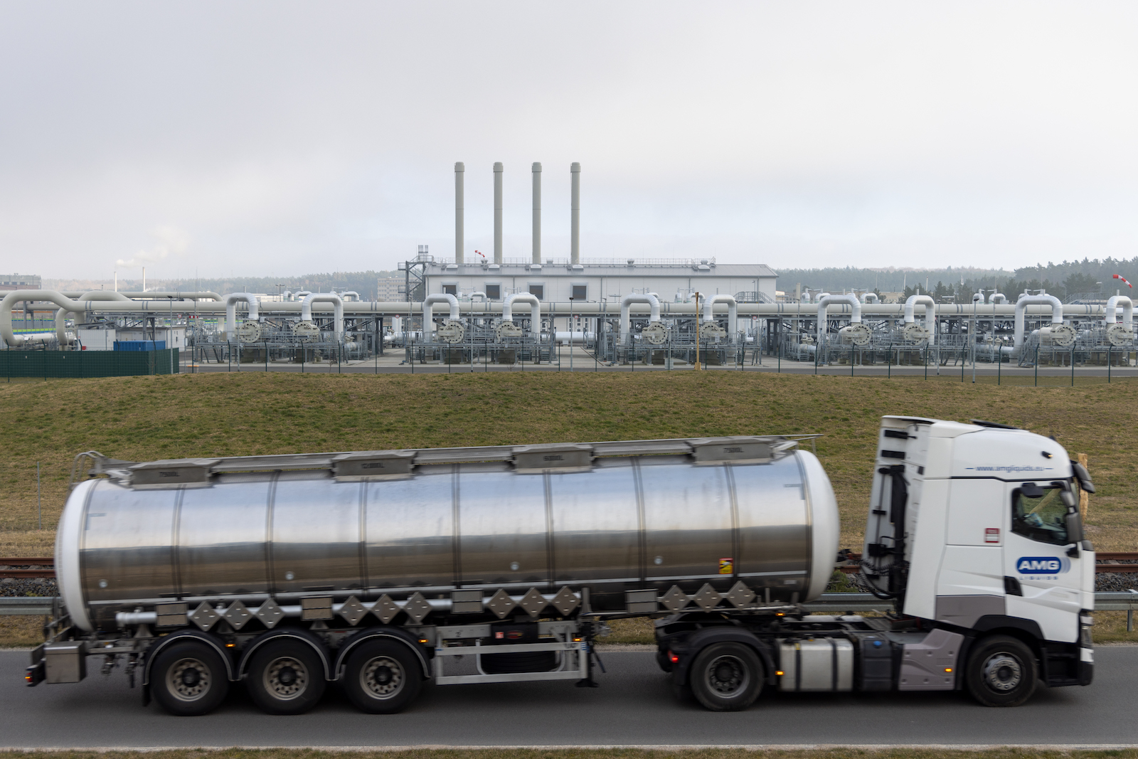 A truck drives past the receiving station for the controversial Nord Stream 2 gas pipeline on March 9, 2022 near Lubmin, Germany.