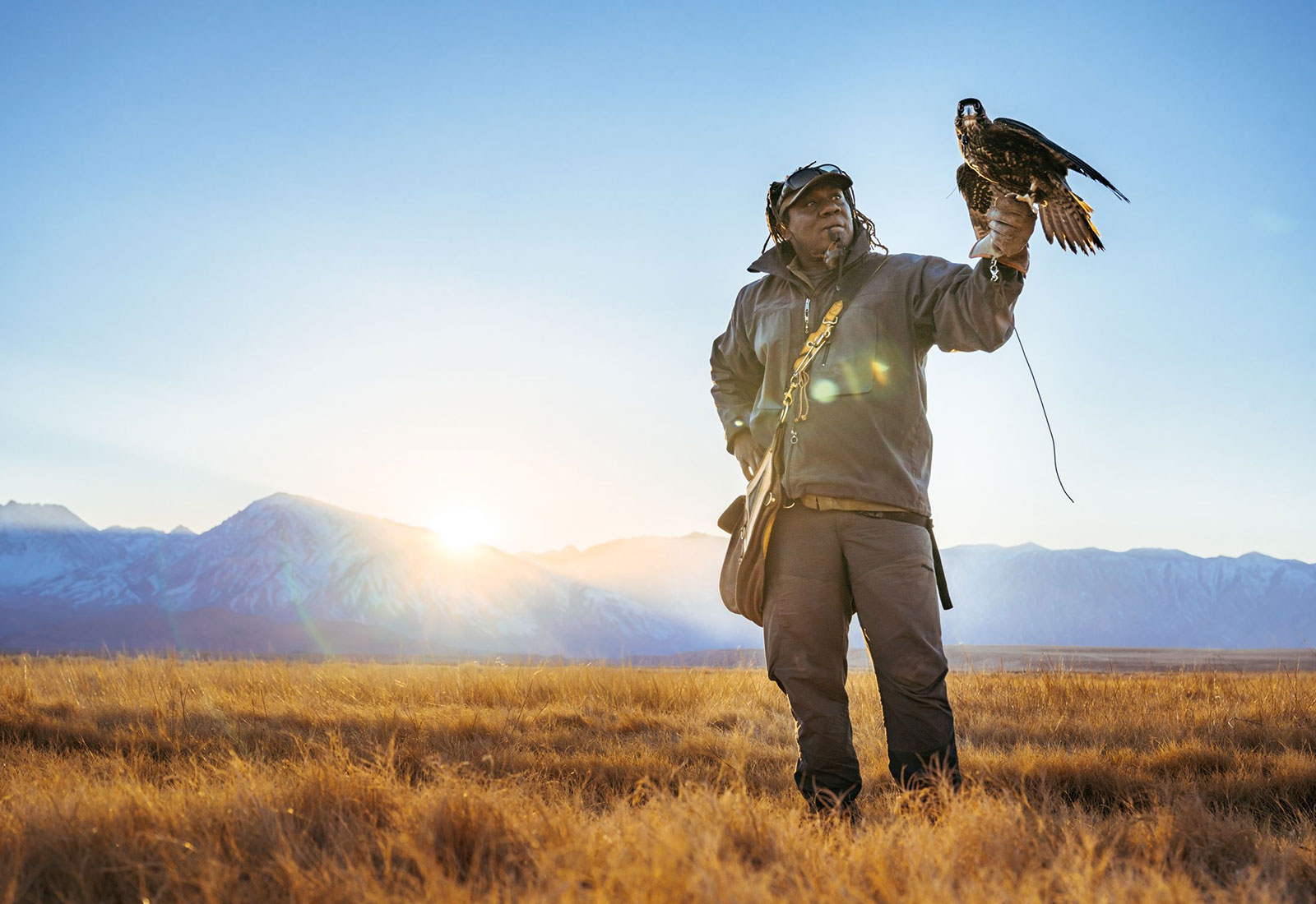 Male falconer holding bird of prey in a field with mountains in background