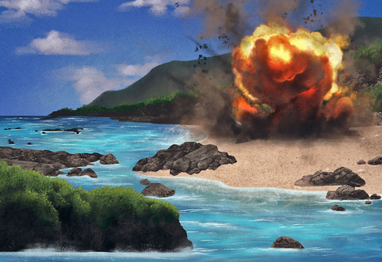 illustration of a large explosion on a beach with rocks and cliffs in the background
