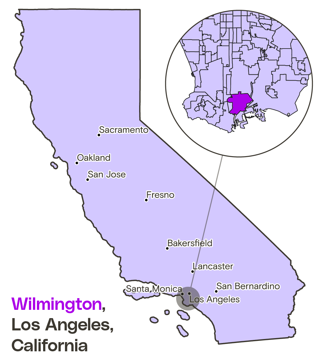 A locator map showing the neighborhood of Wilmington, Los Angeles. It is in the south central part of the county.