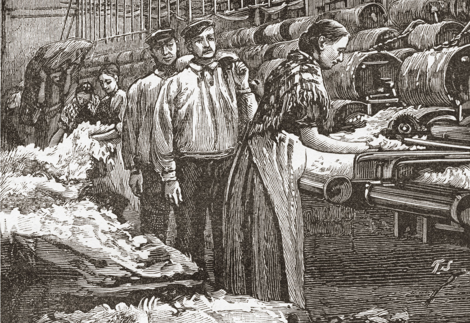 historical etching of people working in a wool mill