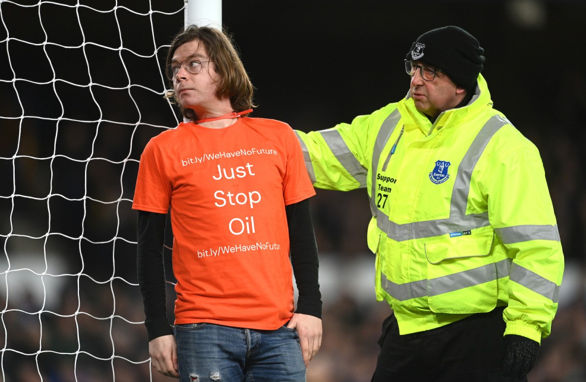 A steward reacts after a protester ties himself to the net during the Premier League match between Everton and Newcastle United at Goodison Park on March 17, 2022 in Liverpool, England.