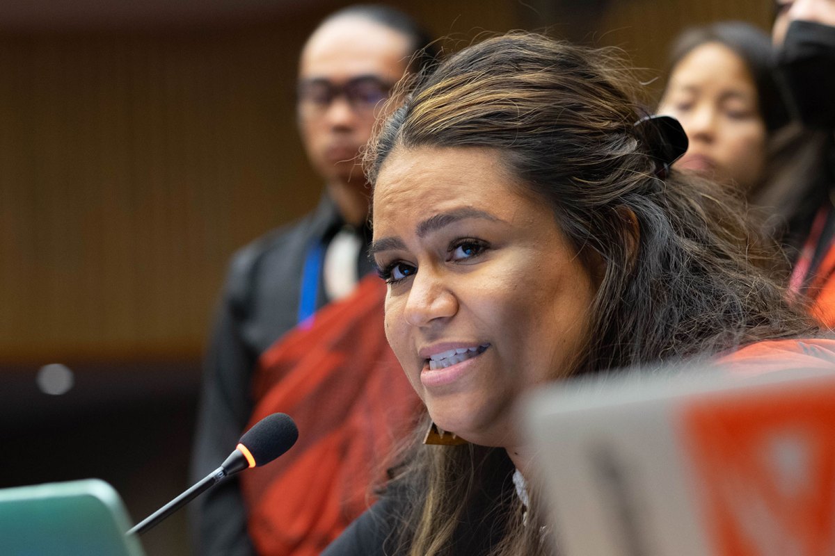 Makanalani Malia Gomes, a Pacific representative of the Global Indigenous Youth Caucus, speaking; two blurry people in the background