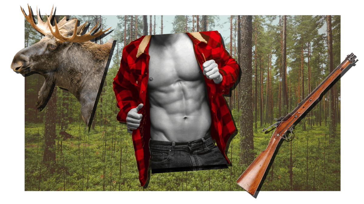 collage of moose head, vintage rifle, and shirtless man wearing open buffalo plaid jacket, on top of a photo of a forest