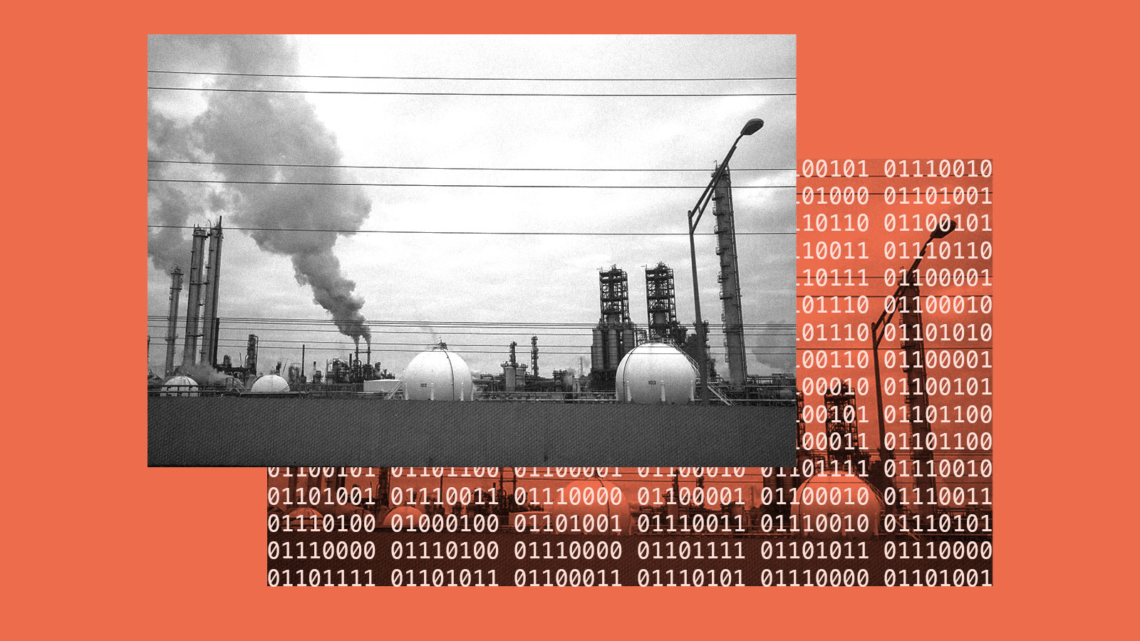 red background with black and white photo of oil refinery, with binary text under photo