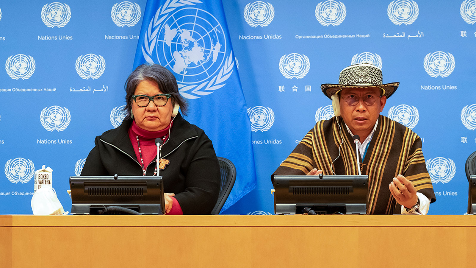 RoseAnne Archibald, National Chief, Assembly of First Nations and Dario José Mejia Montalvo speaking at the United Nations Permanent Forum on Indigenous Issues