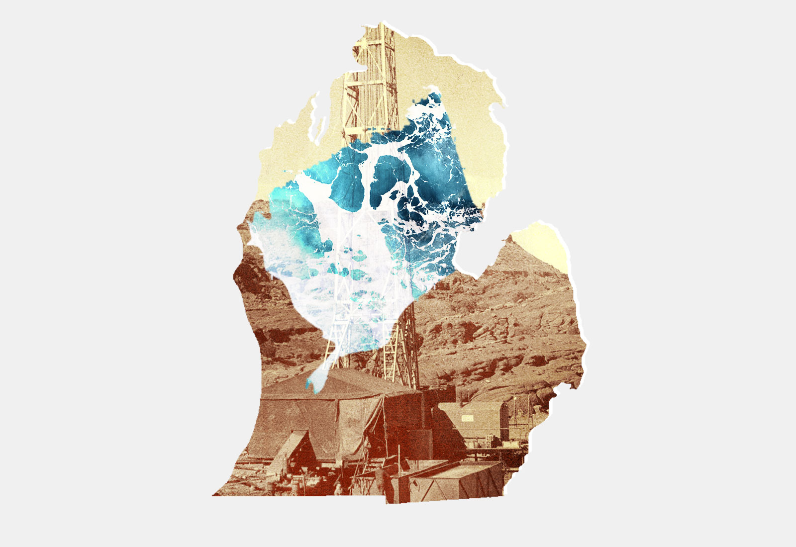 Silhouette of Michigan with mining photo and ocean surface on top