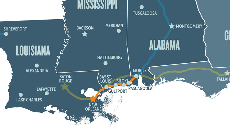 An illustrated map across Louisiana, Mississippi, and Alabama, shows the proposed line with stops in Mississippi.