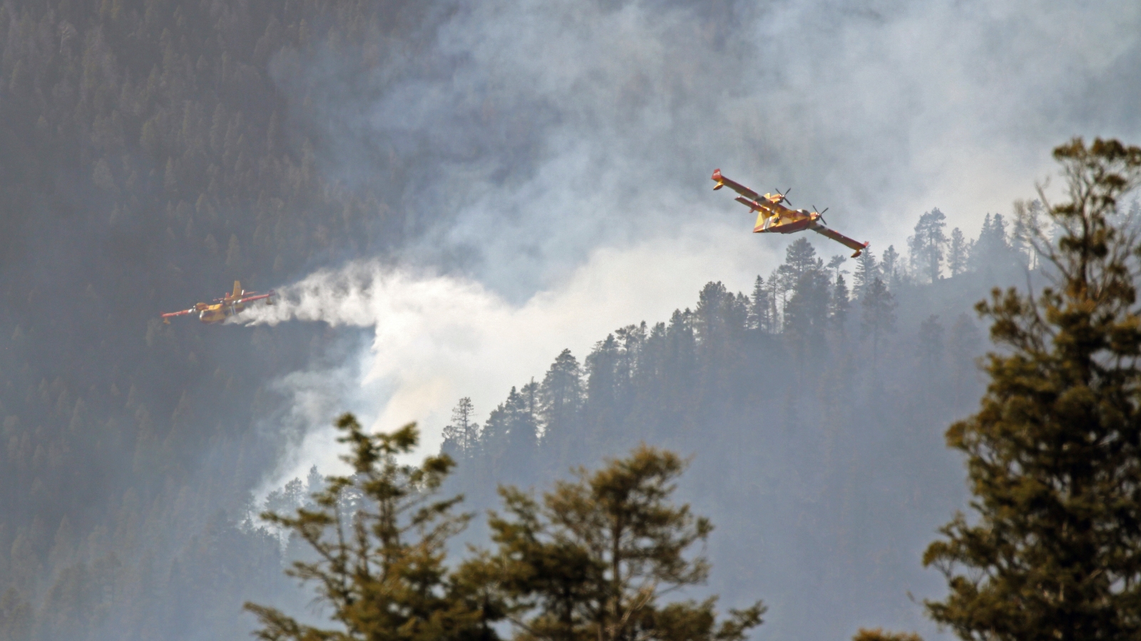 Aircraft fly over a smoky, hilly forest.
