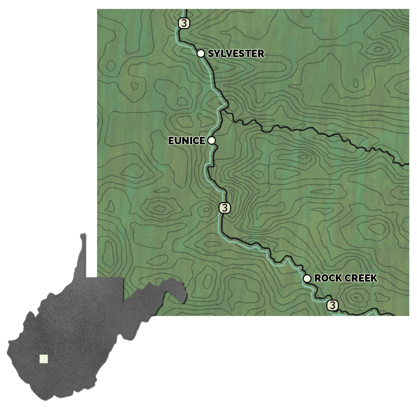 Illustrated map showing a section of route 3 in West Virginia and the towns Sylvester, Eunice, and Rock Creek. A small silhouette of West Virginia is in the bottom left corner to give a sense of location