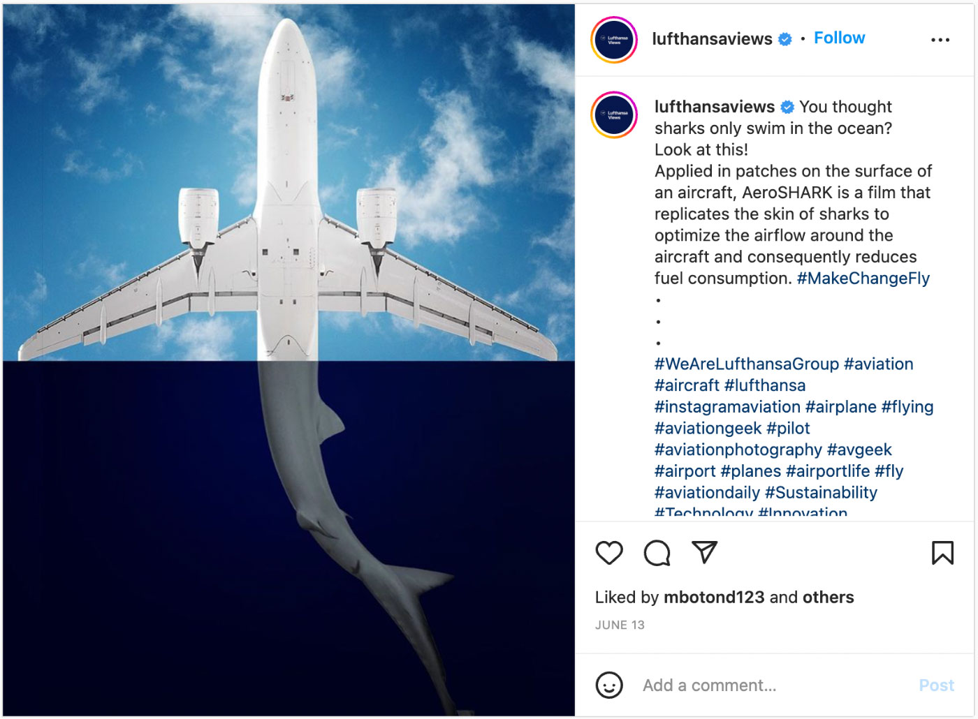 Lufthansa airlines Instagram post, with a picture of the top half of airplane, including wings, with the tail of a shark juxtaposed to look like it's the bottom half of the plane