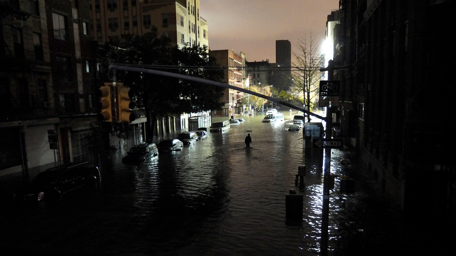 Submerged cars on Avenue C and 7th Street in Manhattan during Superstorm Sandy.