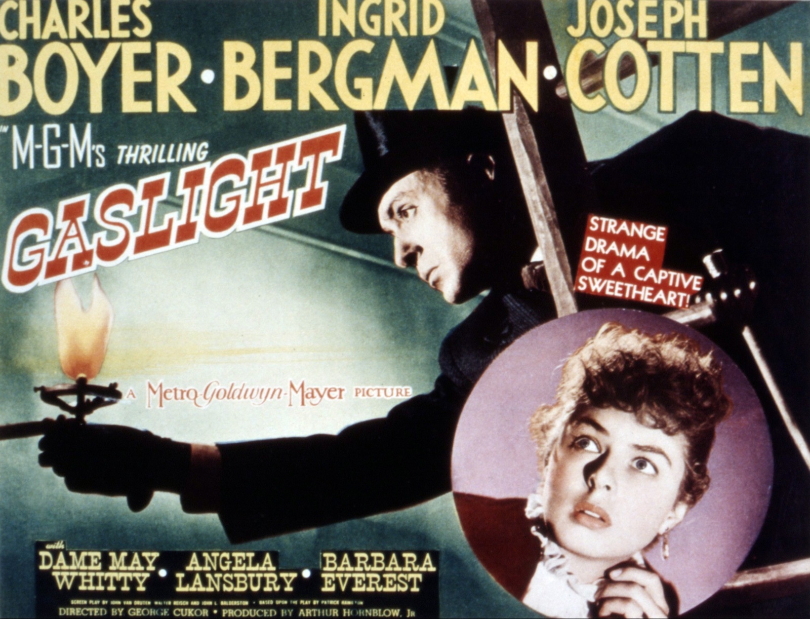 An old movie poster shows a man holding a gaslight.