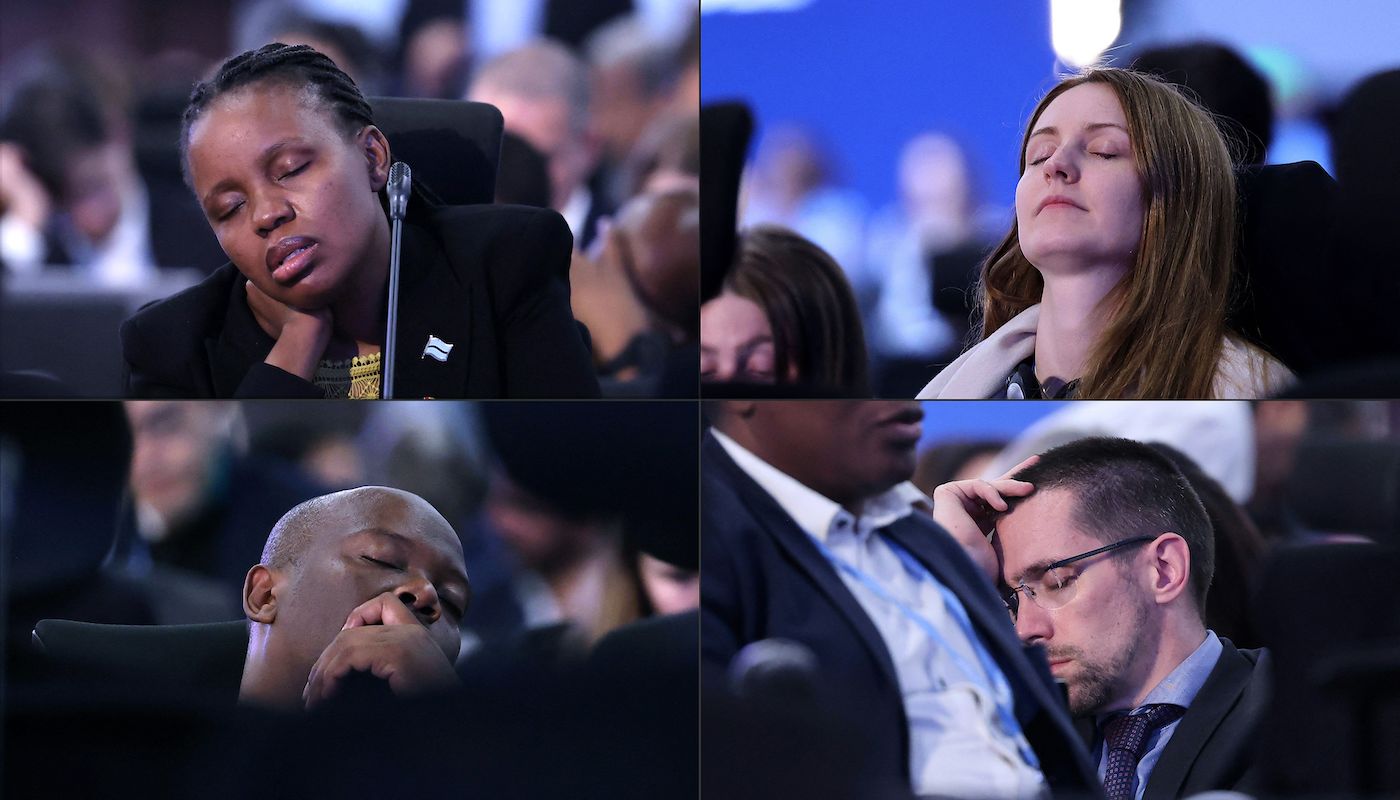 Four photos in a grid of attendees at COP27 falling asleep as negotiations continued late into the night.