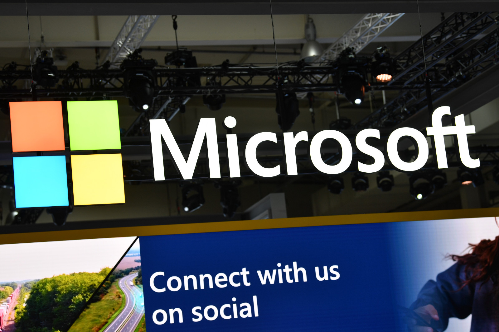 The logo of Microsoft is seen at the 2023 Hannover Messe industrial trade fair on April 17, 2023 in Hanover, Germany.