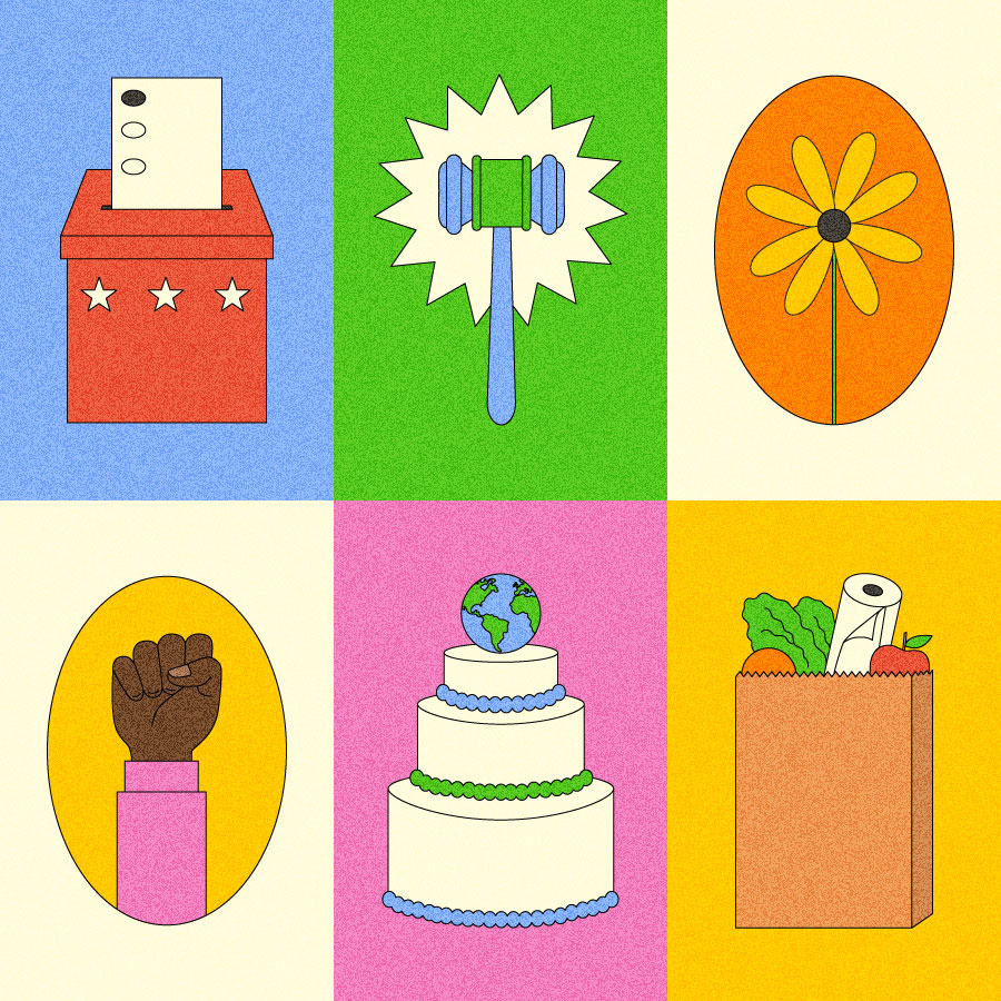 Illustration of six tiles featuring a ballot box, gavel, flower, raised fist, wedding cake, and grocery bag