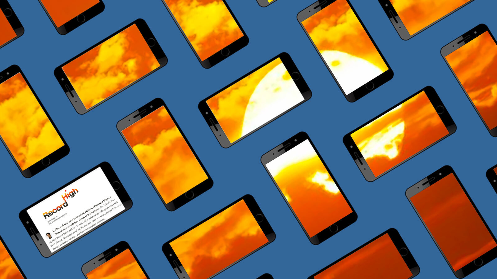 An image of phones with orange screens on a blue background.