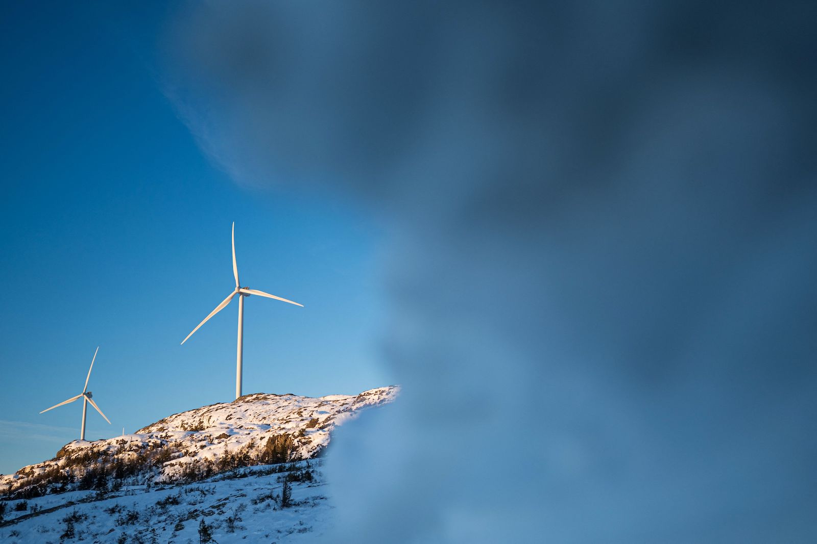 fog obscures wind turbines on a snowy hill