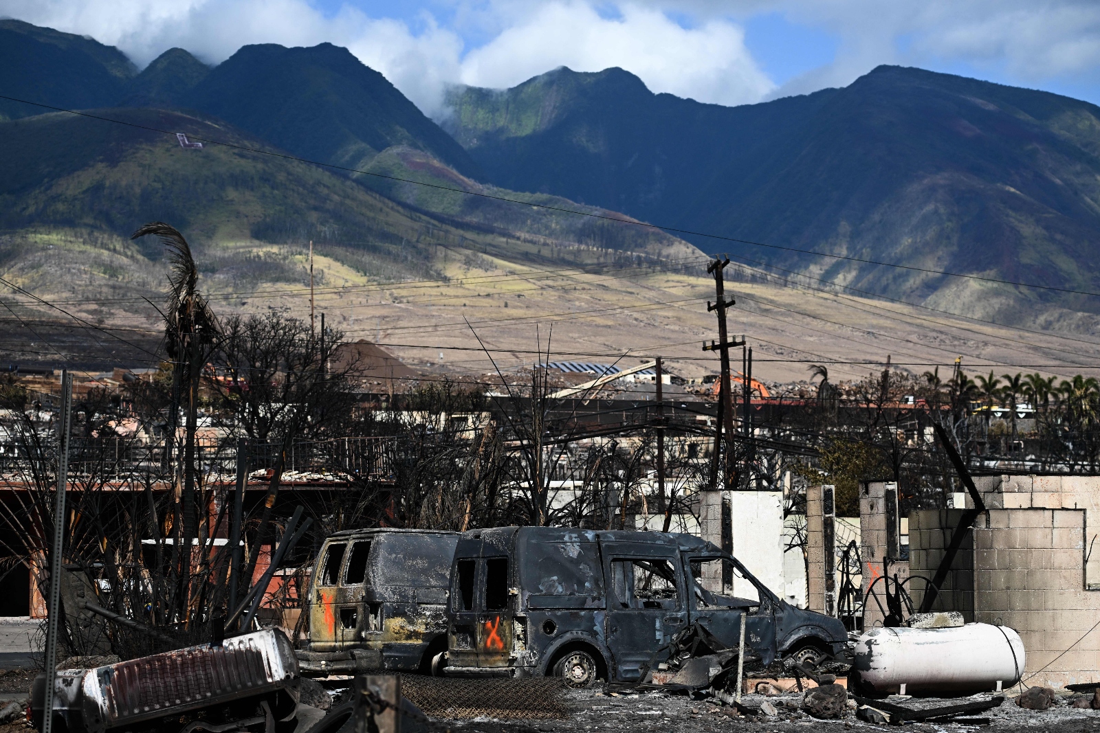 Charred ruins in the city of Lahaina after wildfires struck the island of Maui. The island's power utility, Hawaiian Electric, has been blamed for causing the fires.
